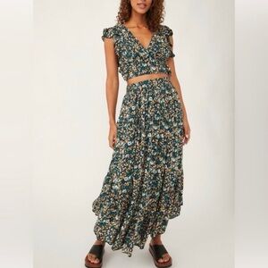 Free People Pretty Daze Teal Floral Tiered Maxi Skirt & Blouse 2pc Set